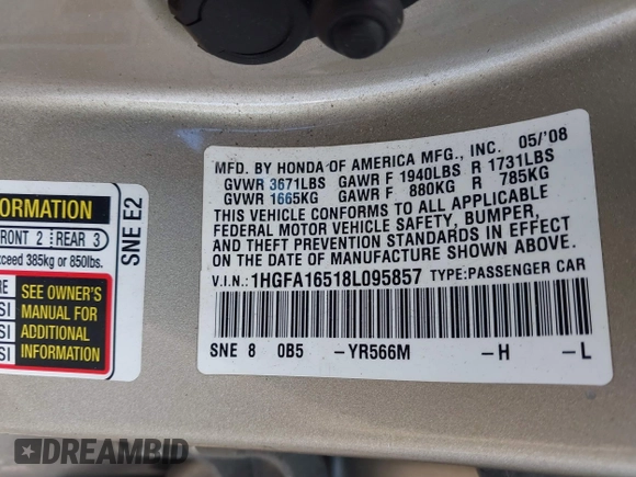 2008 Honda Civic LX with VIN 1HGFA16518L095857, listed as a IAAI auction lot 41981158 with Not Provided miles and . Bid and sale history available at DreamBid. Image 9.