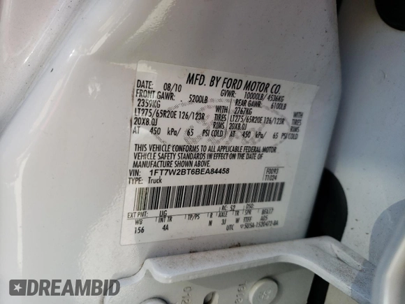 2011 Ford F-250 XL with VIN 1FT7W2BT6BEA84458, listed as a Copart auction lot 62356755 with 225,964 mi miles and Salvage title. Bid and sale history available at DreamBid. Image 12.