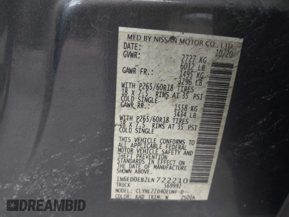 2020 Nissan Frontier SV with VIN 1N6ED0EB2LN722210, listed as a IAAI auction lot 41466191 with 43,859 mi miles and . Bid and sale history available at DreamBid. Image 9.