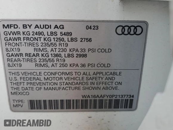 2023 Audi Q5 Sportback S line Prestige with VIN WA16AAFY0P2137734, listed as a Copart auction lot 58766465 with 17,527 mi miles and Salvage title. Bid and sale history available at DreamBid. Image 12.