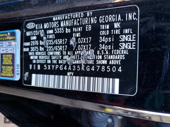 2019 Kia Sorento L z VIN 5XYPG4A35KG478504, wystawiony jako Copart lot #81063734 z przebiegiem Nie podano mil oraz Nie do naprawy • Non repairable. Historia ofert i sprzedaży dostępna na DreamBid. Obrazek 13.