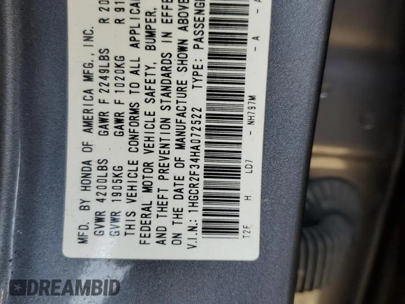 2017 Honda Accord Sedan LX with VIN 1HGCR2F34HA072522, listed as a Copart auction lot 47214295 with 237,702 mi miles and Salvage Title. Bid and sale history available at carsss.com. Image 12.