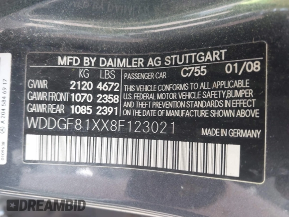 2008 Mercedes-Benz C 300 Sport with VIN WDDGF81XX8F123021, listed as a IAAI auction lot 42087637 with 60,409 mi miles and . Bid and sale history available at DreamBid. Image 9.