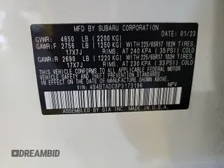 2023 Subaru Outback Premium with VIN 4S4BTADC8P3173196, listed as a IAAI auction lot 42842411 with 87,367 mi miles and . Bid and sale history available at DreamBid. Image 14.