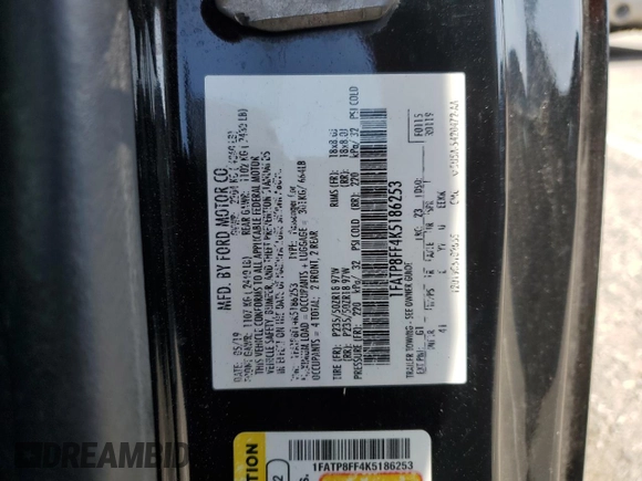 2019 Ford Mustang GT Premium with VIN 1FATP8FF4K5186253, listed as a Copart auction lot 56897965 with 75,738 mi miles and Salvage title. Bid and sale history available at DreamBid. Image 12.
