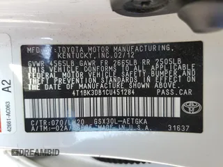 2012 Toyota Avalon with VIN 4T1BK3DB1CU451284, listed as a Copart auction lot 53030695 with 146,491 mi miles and Clean title. Bid and sale history available at DreamBid. Image 13.