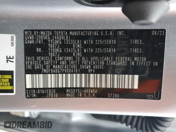 2023 Toyota Corolla Cross Hybrid S with VIN 7MUFBABG7PV004161, listed as a Copart auction lot 53845285 with 21,095 mi miles and Salvage title. Bid and sale history available at DreamBid. Image 12.