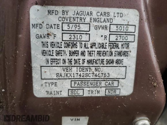1995 Jaguar XJ with VIN SAJKX1742SC746763, listed as a Copart auction lot 84949964 with Not Provided miles and Clean Title. Bid and sale history available at DreamBid. Image 12.