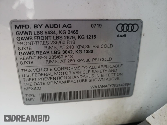 2019 Audi Q5 Premium with VIN WA1ANAFY7K2142694, listed as a Copart auction lot 50494455 with 85,857 mi miles and Salvage Title. Bid and sale history available at carsss.com. Image 13.