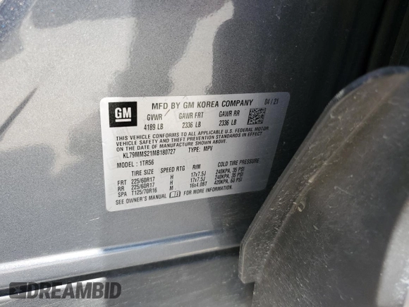 2021 Chevrolet TrailBlazer LS with VIN KL79MMS21MB180727, listed as a Copart auction lot 66133324 with 49,328 mi miles and Salvage Title. Bid and sale history available at DreamBid. Image 12.