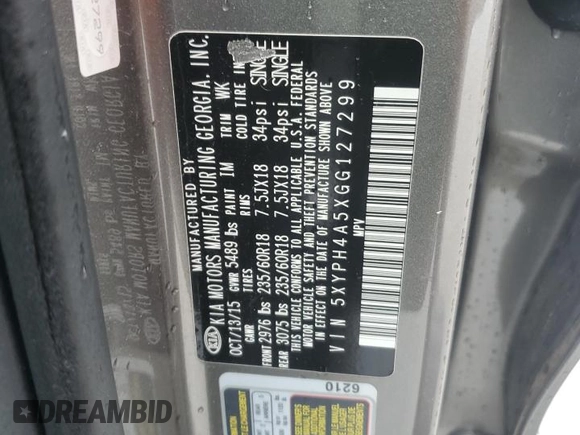 2016 Kia Sorento EX with VIN 5XYPH4A5XGG127299, listed as a Copart auction lot 58931235 with 113,561 mi miles and Salvage title. Bid and sale history available at DreamBid. Image 13.