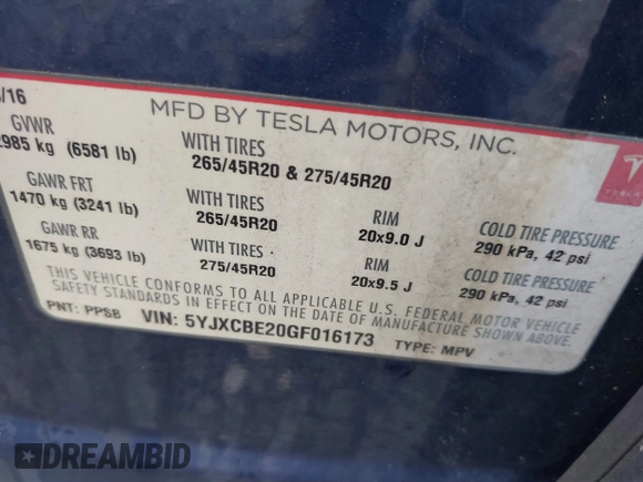 2016 Tesla Model X 70D with VIN 5YJXCBE20GF016173, listed as a IAAI auction lot 41809725 with 116,198 mi miles. Bid and sale history available at carsss.com. Image 9.
