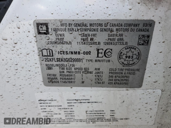 2016 GMC Terrain SLE with VIN 2GKFLSEK8G6299881, listed as a Copart auction lot 44185035 with 73,306 mi miles and Clean Title. Bid and sale history available at carsss.com. Image 13.