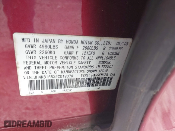 2005 Acura RL z VIN JH4KB165X5C019378, wystawiony jako IAAI lot #42208293 z przebiegiem 177 933 mil mil oraz . Historia ofert i sprzedaży dostępna na DreamBid. Obrazek 9.