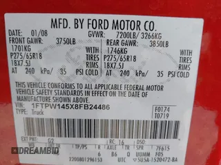 2008 Ford F-150 XLT z VIN 1FTPW145X8FB24486, wystawiony jako IAAI lot #42660049 z przebiegiem 82 898 mil mil oraz . Historia ofert i sprzedaży dostępna na DreamBid. Obrazek 9.