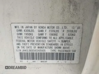 2006 Acura TSX with VIN JH4CL96856C005805, listed as a IAAI auction lot 42610920 with 196,183 mi miles and . Bid and sale history available at DreamBid. Image 9.
