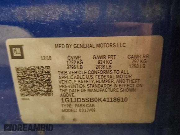 2019 Chevrolet Sonic LT z VIN 1G1JD5SB0K4118610, wystawiony jako Copart lot #47922175 z przebiegiem 105 533 mil mil oraz Czysty tytuł • Clean title. Historia ofert i sprzedaży dostępna na DreamBid. Obrazek 12.