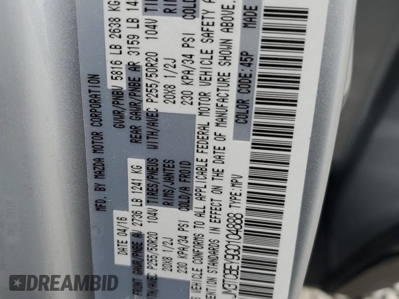 2016 Mazda CX-9 Signature with VIN JM3TCBEY9G0104888, listed as a Copart auction lot 53465095 with 138,819 mi miles and Salvage Title. Bid and sale history available at DreamBid. Image 14.