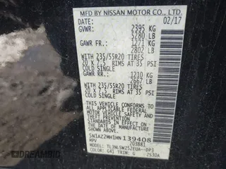 2017 Nissan Murano S with VIN 5N1AZ2MH1HN139408, listed as a IAAI auction lot 41298184 with 107,439 mi miles and . Bid and sale history available at DreamBid. Image 9.