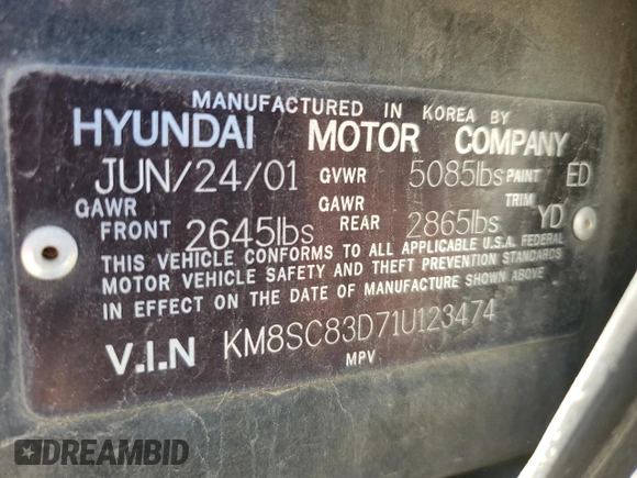 2001 Hyundai Santa Fe GLS with VIN KM8SC83D71U123474, listed as a Copart auction lot 50665145 with 84,155 mi miles and Salvage Title. Bid and sale history available at carsss.com. Image 15.