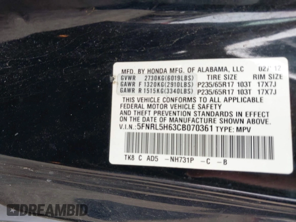 2012 Honda Odyssey EX-L with VIN 5FNRL5H63CB070361, listed as a IAAI auction lot 42025024 with 152,258 mi miles and . Bid and sale history available at carsss.com. Image 9.