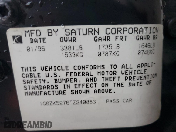 1996 Saturn SL с VIN 1G8ZK5276TZ240883, выставлен на аукционе Copart как лот 84172554 с пробегом 69 820 миль миль и Списание • Salvage title. История ставок и продаж доступна на DreamBid. Изображение 12.