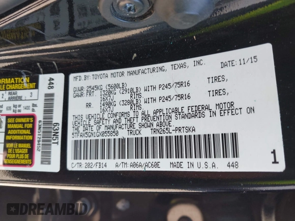 2016 Toyota Tacoma SR5 with VIN 5TFAX5GN1GX055850, listed as a IAAI auction lot 41828806 with 111,655 mi miles. Bid and sale history available at carsss.com. Image 9.