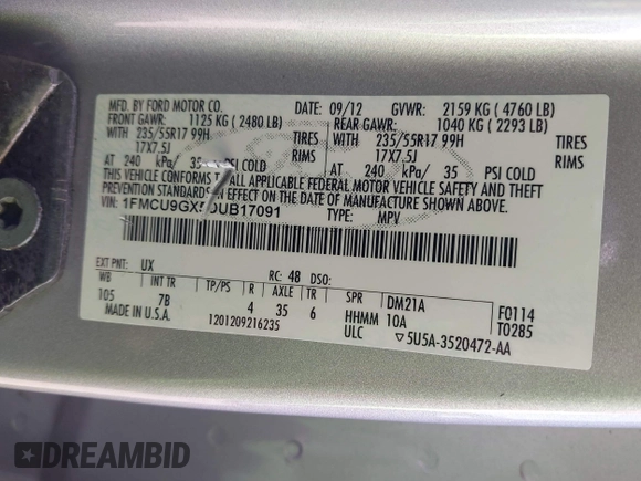 2013 Ford Escape SE with VIN 1FMCU9GX5DUB17091, listed as a IAAI auction lot 42047494 with 137,500 mi miles and . Bid and sale history available at DreamBid. Image 9.