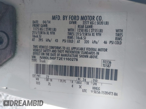2014 Ford Transit Connect XLT with VIN NM0LS6F72E1160278, listed as a IAAI auction lot 42048651 with 108,472 mi miles and . Bid and sale history available at DreamBid. Image 9.