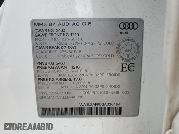 2016 Audi Q5 Premium Plus with VIN WA1L2AFP5GA036184, listed as a Copart auction lot 56075485 with 161,890 mi miles and Clean title. Bid and sale history available at DreamBid. Image 13.
