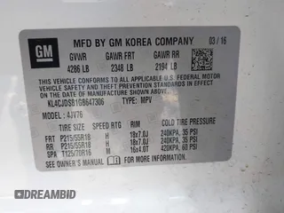 2016 Buick Encore Premium with VIN KL4CJDSB1GB647306, listed as a IAAI auction lot 41983159 with 59,592 mi miles. Bid and sale history available at carsss.com. Image 9.
