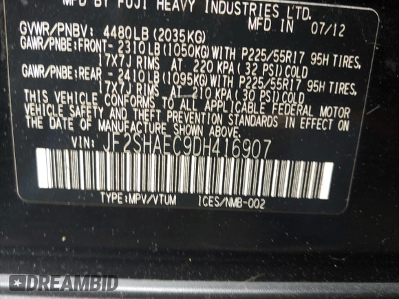 2013 Subaru Forester X Limited with VIN JF2SHAEC9DH416907, listed as a Copart auction lot 53993695 with 232,278 mi miles and Clean title. Bid and sale history available at DreamBid. Image 10.