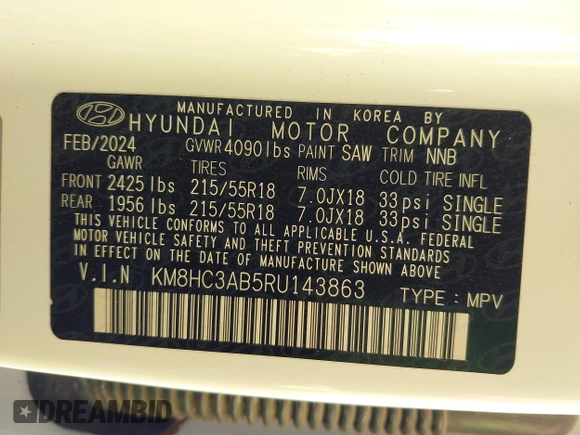 2024 Hyundai Kona SEL with VIN KM8HC3AB5RU143863, listed as a IAAI auction lot 41413492 with 15,841 mi miles. Bid and sale history available at carsss.com. Image 9.