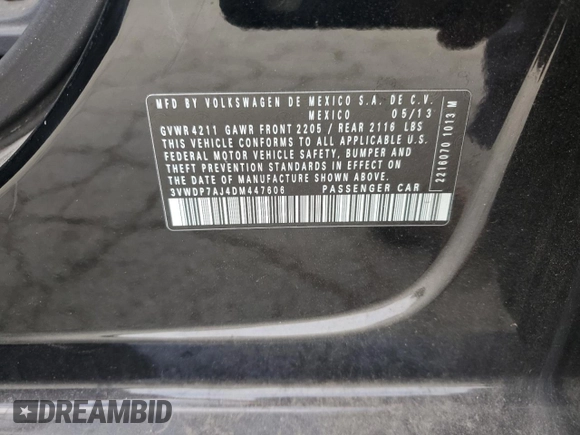 2013 Volkswagen Jetta SE with VIN 3VWDP7AJ4DM447606, listed as a Copart auction lot 59633685 with 66,214 mi miles and Salvage title. Bid and sale history available at DreamBid. Image 13.