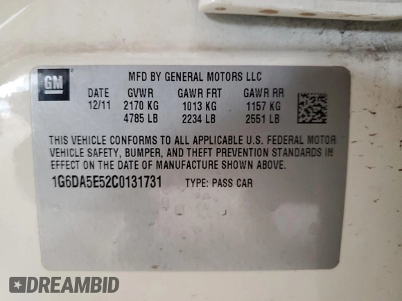 2012 Cadillac CTS with VIN 1G6DA5E52C0131731, listed as a Copart auction lot 59223235 with 104,521 mi miles and Salvage title. Bid and sale history available at DreamBid. Image 12.