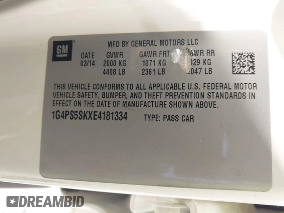 2014 Buick Verano Group with VIN 1G4PS5SKXE4181334, listed as a IAAI auction lot 41824850 with 125,121 mi miles and . Bid and sale history available at DreamBid. Image 9.