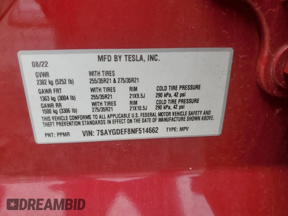2022 Tesla Model Y Performance with VIN 7SAYGDEF8NF514662, listed as a Copart auction lot 60230305 with 81,926 mi miles and Salvage title. Bid and sale history available at DreamBid. Image 13.