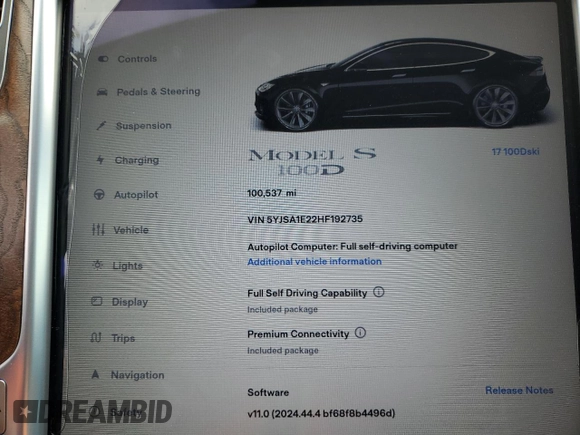 2017 Tesla Model S 100D with VIN 5YJSA1E22HF192735, listed as a Copart auction lot 54875055 with 100,537 mi miles and Salvage Title. Bid and sale history available at carsss.com. Image 9.
