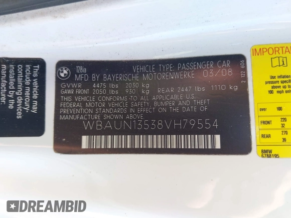 2008 BMW 1 Series 128i with VIN WBAUN13538VH79554, listed as a IAAI auction lot 41404844 with 101,489 mi miles and . Bid and sale history available at DreamBid. Image 9.