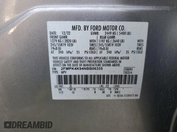 2022 Ford Edge Titanium with VIN 2FMPK4K94NBB06335, listed as a Copart auction lot 53460435 with 53,454 mi miles and Non Repairable. Bid and sale history available at carsss.com. Image 13.