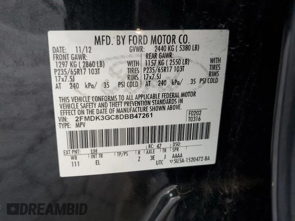 2013 Ford Edge SE with VIN 2FMDK3GC8DBB47261, listed as a Copart auction lot 60101155 with 236,237 mi miles and Clean title. Bid and sale history available at DreamBid. Image 13.