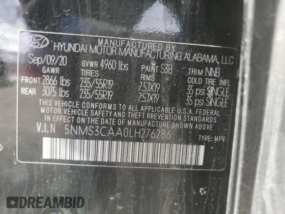 2020 Hyundai Santa Fe SEL with VIN 5NMS3CAA0LH276286, listed as a Copart auction lot 88899675 with 93,970 mi miles and Salvage Title. Bid and sale history available at carsss.com. Image 13.