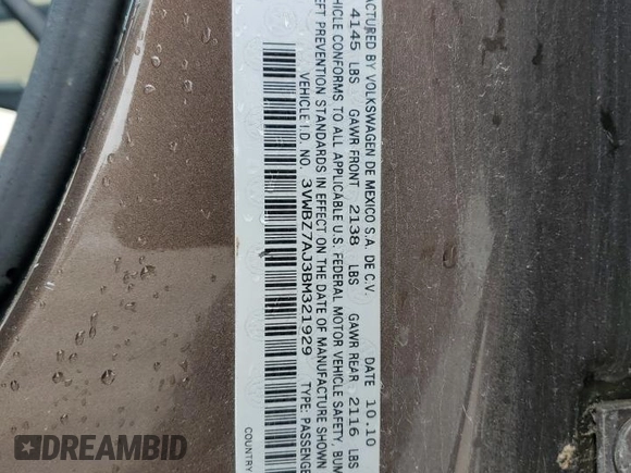 2011 Volkswagen Jetta SE с VIN 3VWBZ7AJ3BM321929, выставлен на аукционе Copart как лот 53988565 с пробегом 122 138 миль миль и Списание • Salvage title. История ставок и продаж доступна на DreamBid. Изображение 12.