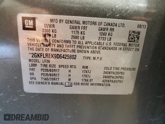 2013 GMC Terrain SLE with VIN 2GKFLREK9D6425802, listed as a Copart auction lot 47380455 with 90,497 mi miles and Salvage Title. Bid and sale history available at carsss.com. Image 13.