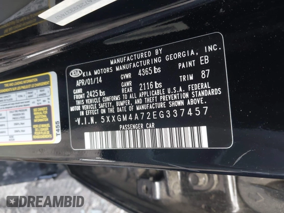 2014 Kia Optima LX z VIN 5XXGM4A72EG337457, wystawiony jako IAAI lot #42486150 z przebiegiem 135 338 mil mil oraz . Historia ofert i sprzedaży dostępna na DreamBid. Obrazek 9.