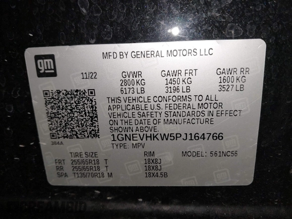 2023 Chevrolet Traverse LT Leather with VIN 1GNEVHKW5PJ164766, listed as a IAAI auction lot 41793249 with 39,163 mi miles. Bid and sale history available at carsss.com. Image 9.