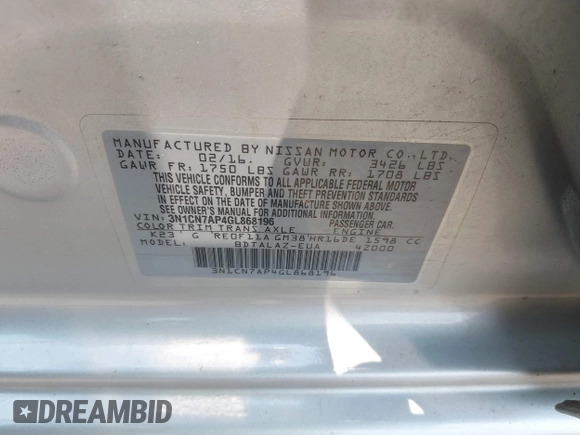 2016 Nissan Versa S with VIN 3N1CN7AP4GL868196, listed as a IAAI auction lot 42390628 with 82,253 mi miles and . Bid and sale history available at DreamBid. Image 9.