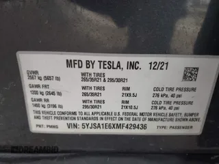 2021 Tesla Model S Plaid z VIN 5YJSA1E6XMF429436, wystawiony jako IAAI lot #41826114 z przebiegiem Nie podano mil oraz . Historia ofert i sprzedaży dostępna na DreamBid. Obrazek 9.