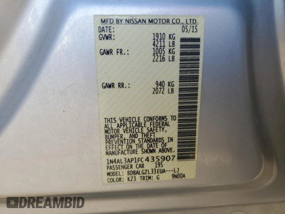 2015 Nissan Altima 2.5 S with VIN 1N4AL3AP1FC435907, listed as a Copart auction lot 48872025 with 106,635 mi miles and Salvage Title. Bid and sale history available at carsss.com. Image 15.