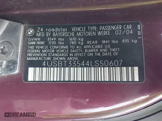 2004 BMW Z4 2.5i with VIN 4USBT33544LS50607, listed as a IAAI auction lot 41673776 with 156,585 mi miles. Bid and sale history available at carsss.com. Image 9.
